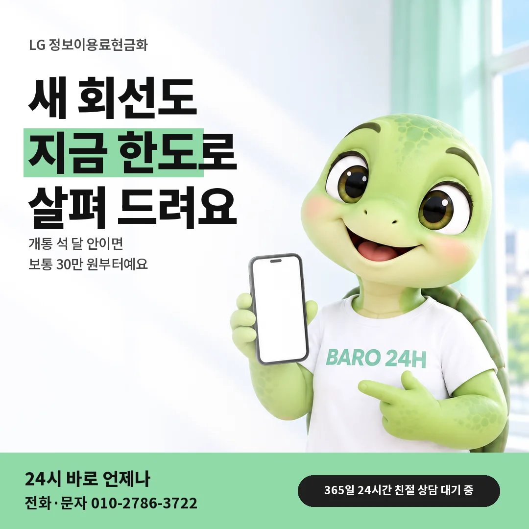 BARO 24H 티셔츠를 입은 3D 거북이 캐릭터 옆에 「LG 가입 초반 회선 한도」 제목을 얹은 안내 카드