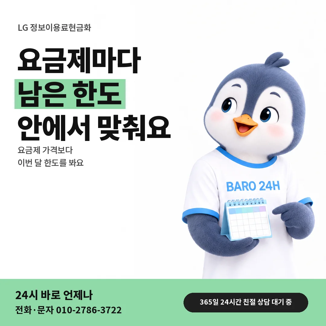 BARO 24H 티셔츠를 입은 3D 동물 캐릭터 옆에 「LG 요금제별 한도 활용」 제목을 얹은 안내 카드