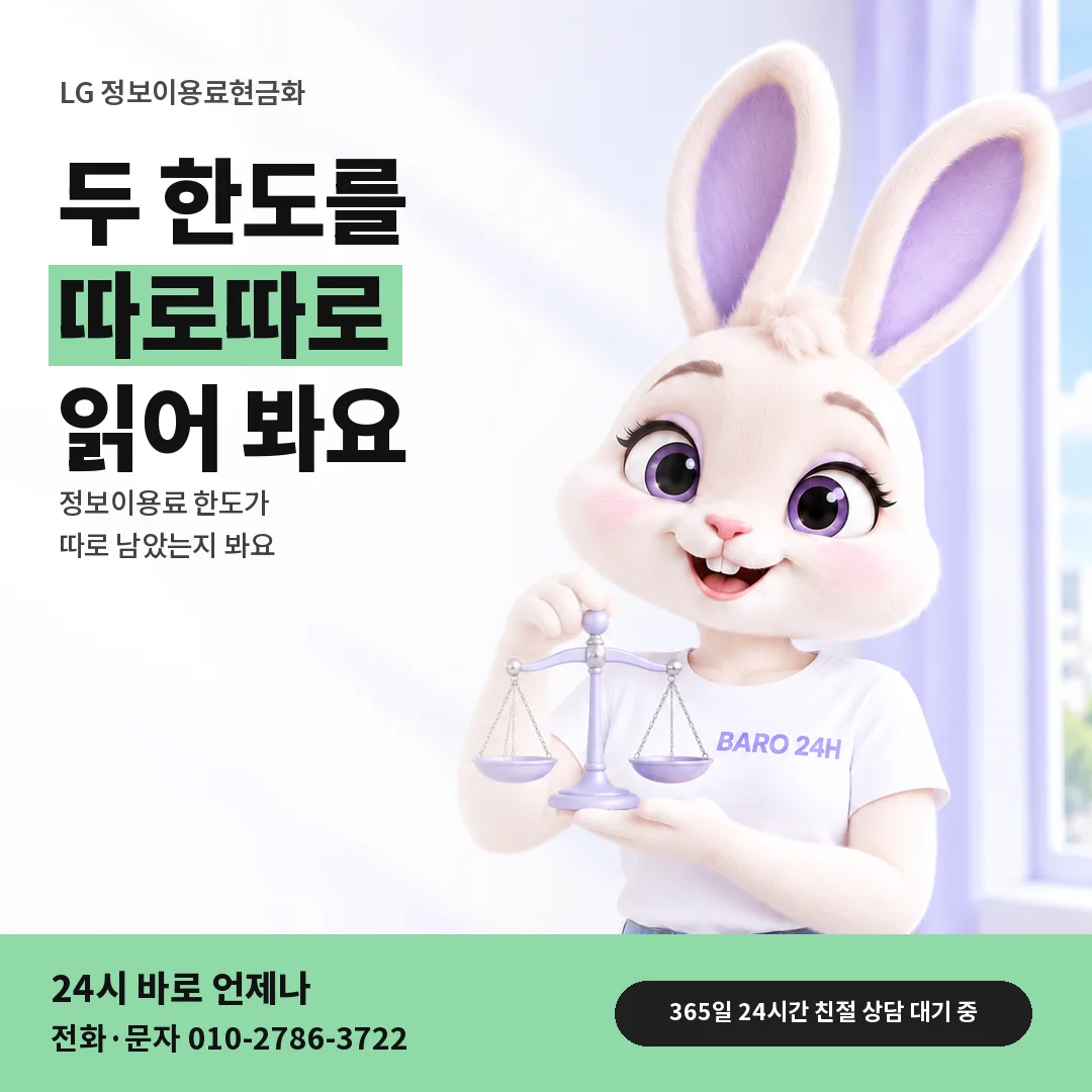 저울을 든 BARO 24H 티셔츠를 입은 3D 토끼 캐릭터 옆에 「LG 두 한도 따로 읽기」 제목을 얹은 안내 카드