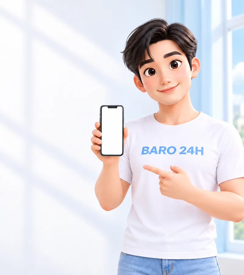 휴대폰을 들고 상담을 안내하는 BARO 24H 티셔츠 차림의 20대 3D 인물
